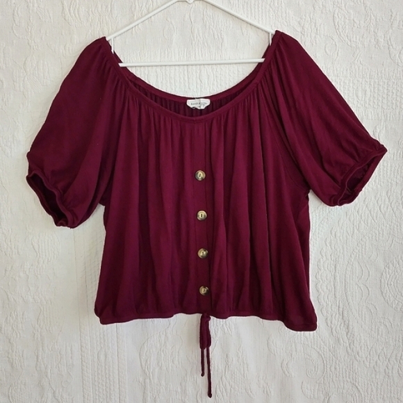 french pastry Tops - French Pastry Off Shoulder Top Burgundy Red Blouse Sexy Button Down Tie Front